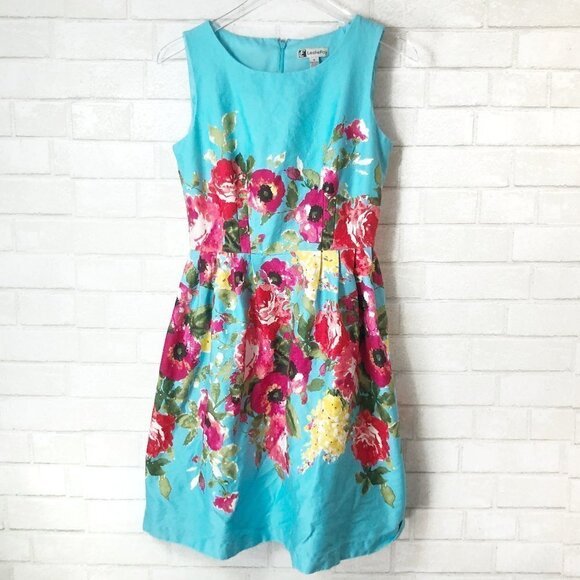 Leslie Fay Vintage Robin Egg Blue Pink Floral Pattern Fit & Flare Dress Size 4 - Picture 1 of 6